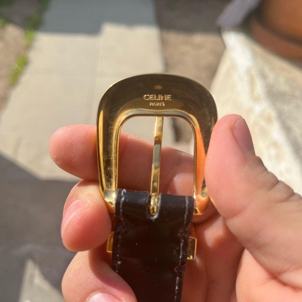 Celine Paris Black Leather Belt with Gold Accent